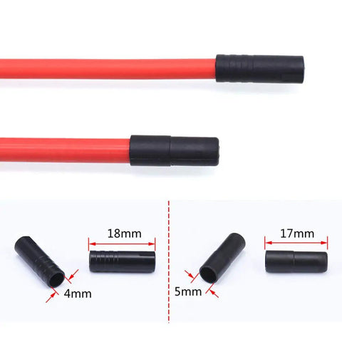 Bike Cable Ferrule End Caps Set For 5mm Brake Cables And 4mm Shift Cables, plastic end caps on red housing with measurements.