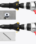 Tough As Nails Cordless Rivet Gun Drill Adapter showing interchangeable tips and smooth operation for nut setting.