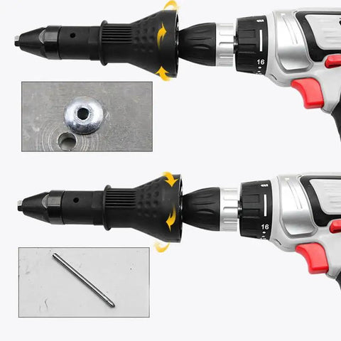 Tough As Nails Cordless Rivet Gun Drill Adapter showing interchangeable tips and smooth operation for nut setting.