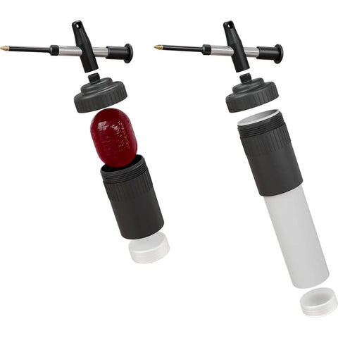 Four In One Grease Injection Gun Kit With Brass Needle Tip And Zerk Fittings For Precise Grease Application Four Loading Options Include Bulk Reservoir Standard Paper Cartridges And Threaded Cartridges Pro Grade Handheld Tool showing loading options with grease and cartridges.