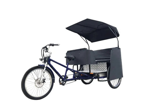 Heavy Duty Electric Pedicab Taxi Tricycle With Ample Canopy Coverage And Five Spacious Seats, featuring a sturdy frame and protective canopy.