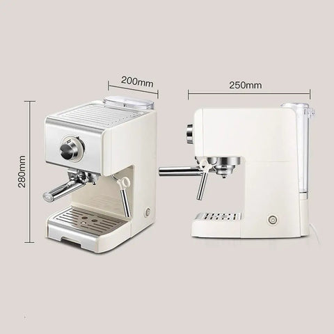 Pro Style Espresso Pump Coffee Machine Semi Automatic for Home Use with 20 Bar Pressure and Built In Milk Frother shown from side and front