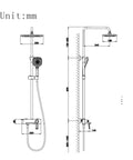 Wall Mounted Exposed Shower System with Tub Spout 90° Rotating Gun Gray detailed dimension drawing.