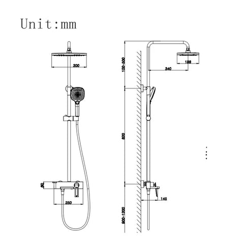 Wall Mounted Exposed Shower System with Tub Spout 90° Rotating Gun Gray detailed dimension drawing.
