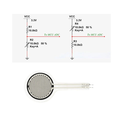 Force Sensitive Resistor MD30-60, 30mm white circular disk with black interdigitated grid; front view.