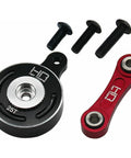 Front view of Hot Racing ATF48SH25 fixed-link steering servo saver: black 25T hub, red aluminum link, and three screws.