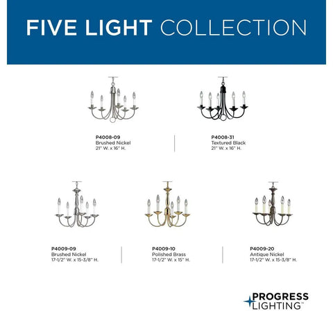 Five-Light White Candles Traditional Chandelier Light With Textured Black Finish Model P4008-31 in various finishes.