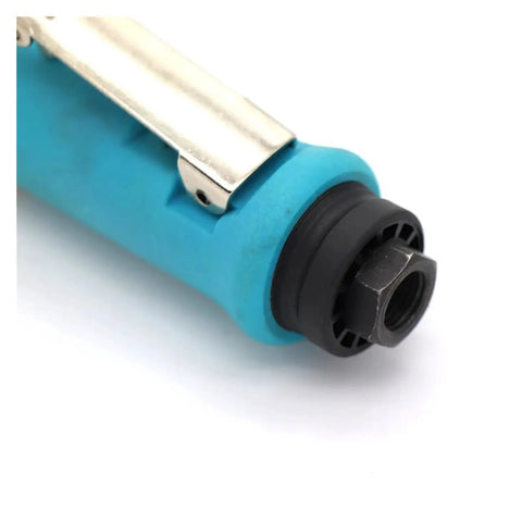 Mini Pneumatic Belt Grinder Sander Tool With Grit Belts For Polishing Metal, close-up of blue handle and air port.