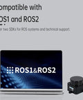 Laptop displaying ROS1 & ROS2 compatibility next to 360 Degree Omnidirectional LiDAR Scanner With 12M Range And 5000Hz Sampling Rate For ROS Raspberry Pi Arduino Bots DToF TOF Laser Distance Sensor Module Kit For SLAM Mapping And Navigation.