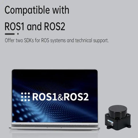 Laptop displaying ROS1 & ROS2 compatibility next to 360 Degree Omnidirectional LiDAR Scanner With 12M Range And 5000Hz Sampling Rate For ROS Raspberry Pi Arduino Bots DToF TOF Laser Distance Sensor Module Kit For SLAM Mapping And Navigation.