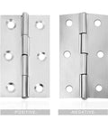 Stainless steel door hinge pair, long 2.15 x 1.3 in, six-hole plates for home improvement