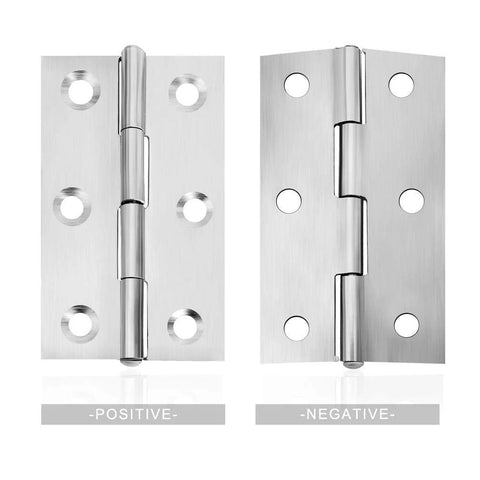 Stainless steel door hinge pair, long 2.15 x 1.3 in, six-hole plates for home improvement