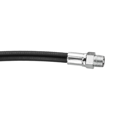 Close-up of 12 Inch Grease Gun Flex Hose With 4500 PSI Working Pressure Heavy Duty Coupler Included, showing metal coupler and hose texture.