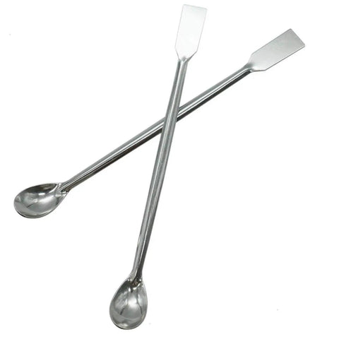2 In 1 Stainless Steel Lab Spoon Spatula Set For Sampling And Mixing, 7.6 Inch Long Handle For Deep Bottle Grabs, Double Ended Spoon And Spatula, Durable Reusable Laboratory Tool For Bottles And Jars, shown crossed