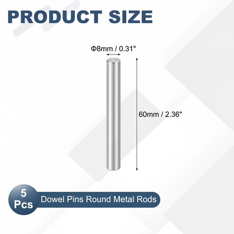 5 Pack Marine Grade 316 Stainless Steel Dowel Pins 8mm By 60mm Round Rods For Pegs, Shelves, Rails, DIY Projects And Gear