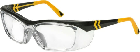 Prescription Compatible Safety Glasses With Bold Black And Yellow Frames Built To Handle Kickup Dust And Deliver Crystal Clear Vision Through Tough Construction Grinds And Daily Trade Shifts, angled side view.