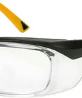 Rugged Workhorse Safety Glasses With Removable Dust Dam And Snug Adjustable Fit Black Yellow Rx Ready industrial grade eye protection side view.