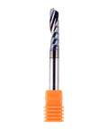 Front view of SpeTool O-flute CNC router bit, 1/4 in shank, 1 in cutting length, orange protective cap.