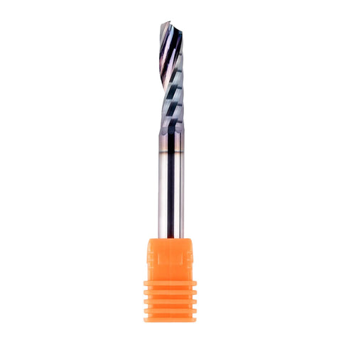 Front view of SpeTool O-flute CNC router bit, 1/4 in shank, 1 in cutting length, orange protective cap.