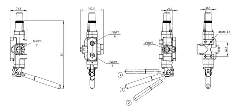 Technical drawing of Adjustable Detent Single Spool Hydraulic Log Splitter Valve A7 For 25GPM 3500PSI Open Center With 1/2 to 3/4 inch ports.