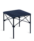 Ultra Lightweight Stable Folding Aluminum Table With Roll Up Top And Carry Bag For Camping Picnics Beach Chill Backyard Barbecues Tailgating And RV Trips Anywhere, showing front view with black aluminum design