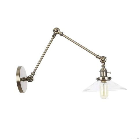 Wall Sconce Lights Indoor Bedroom Hallway Swing Arm Lamps with Switch,Adjustable Metal,Clear Glass Shade,Hardwired Industrial Lamp for and Living Room, side view with adjustable arm.