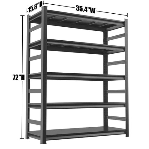 Heavy Duty Garage Shelving 5 Tier With 2500 Lbs Capacity Sturdy Industrial Storage Racks For Workshop Basement Kitchen And Warehouse 72 Inch High 35.4 Inch Wide 15.8 Inch Deep Black, dimensions shown on side.