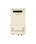 Full Throttle Outdoor Tankless Water Heater 199000 BTU Propane Powered 7.5 Gallons Per Minute rear view showing vent and hoses