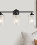 Go To Modern Matte Black Vanity Light Fixtures 24 Inch Three Light Hammered Glass Industrial Sconces For Bath Mirror Makeup Desk Living Room Kitchen Porch Hallway Hotel