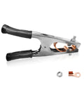 Welding Ground Clamp With Electroplated Copper For Superior Conductivity Non Slip Grip Universal Fit Dope Black Build Pro Grade Ideal For MIG TIG Arc Welding And Heavy Duty Grounding, side view with copper details and black grips.