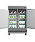 Heavy Duty Commercial Reach In Freezer, Two Door Stainless Steel Bottom Mount Upright Unit with food storage inside for restaurants.