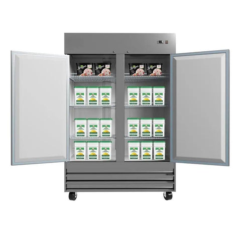 Heavy Duty Commercial Reach In Freezer, Two Door Stainless Steel Bottom Mount Upright Unit with food storage inside for restaurants.