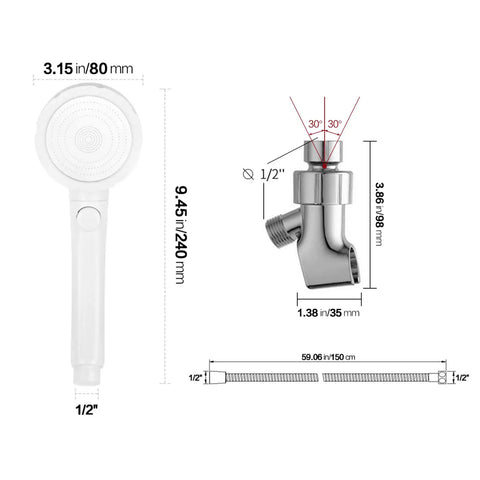 High Pressure Handheld Shower Head With On Off Pause Switch And 3 Spray Modes, dimensions shown, with hose and angle details.