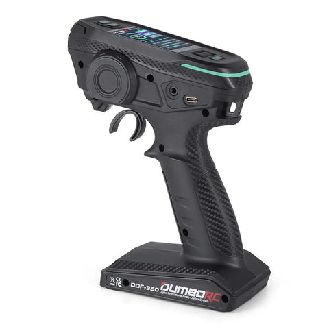 DDF-350 10 Channel RC Transmitter With P10F Receiver and HD Color Screen, side view with ergonomic grip and control buttons.