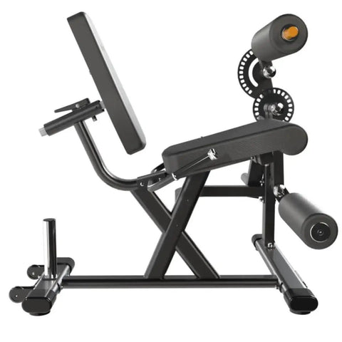 Side view of Plate Loaded Leg Extension And Curl Machine For Home Gym Seated Leg Curl And Quad Extension with seat and rollers.