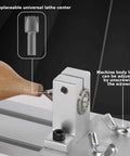 Close-up of Mini 110-220V Dual Motor Lathe For Drilling And Grinding showing adjustable universal lathe center and machine screws.