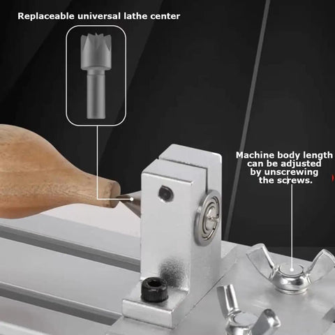 Close-up of Mini 110-220V Dual Motor Lathe For Drilling And Grinding showing adjustable universal lathe center and machine screws.