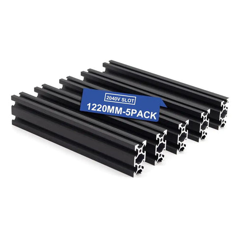Five Pack 2040 V Slot Aluminum Extrusion European Standard 1220mm Length Anodized Aluminum Profile For CNC DIY 3D Printer And Industrial Bracket Building. Black anodized aluminum extrusions in a 5-pack for DIY projects, each 1220mm long.
