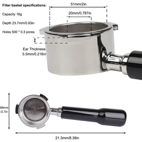 51mm Bottomless Portafilter With 3 Ears For Dedica EC680 EC685 Espresso Machine, dimensions and details shown, 0.3mm pores filter basket for clean extraction.