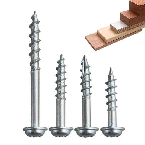 Coarse Thread Pocket Hole Screws 100Pcs Set, Self Tapping Fasteners, Beefy Case Hardened Steel Zinc Coated with wood samples