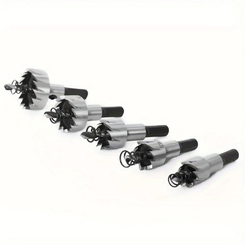 Heavy Duty Rock Solid HSS Hole Saw Drill Bits Set Tough As Nails Workhorse Cutter For Wood Metal Aluminum Plastic No Drama 5 8 To 1 3 16 Inch Range Pro Tools, five piece set on white background.