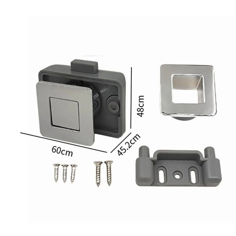 Push Button Latch Lock For Cabinets And Campers RVs Keyless Bright Chrome with screws and dimensions shown