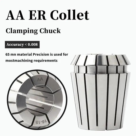High Precision ER Collet Chuck Set With 0.008mm Spring Accuracy shows clamping chuck for CNC use, made of 65Mn steel with tight tolerance.
