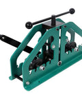 Lmaoss Heavy Duty Tube Roller Bender With 3 Dies For Up To 1-5 Inch Round Steel Copper Aluminum Pipe Flexing Tool on workbench.