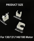 White plastic 20mm motor mounting brackets set for 130, 131, 140, 180 motors, showing dimensions for DIY and RC car projects.