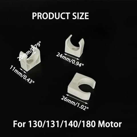 White plastic 20mm motor mounting brackets set for 130, 131, 140, 180 motors, showing dimensions for DIY and RC car projects.