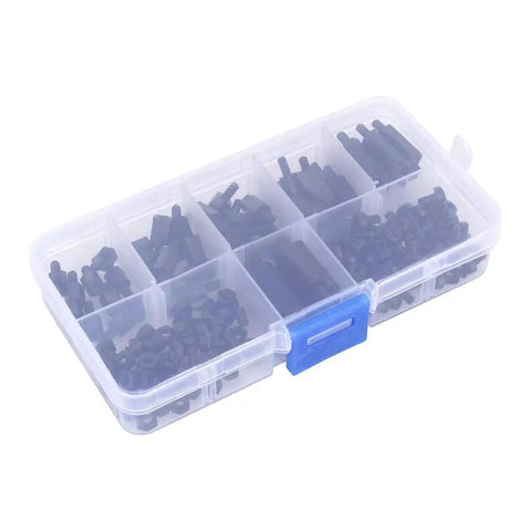 M3 Machine Spacer Kit With 180 Pieces Black Nylon Hex Column Standoff Set Includes Male And Female Nuts And Screws In Compact Plastic Storage Box For Electronics Computers And DIY Projects, clear compartment box