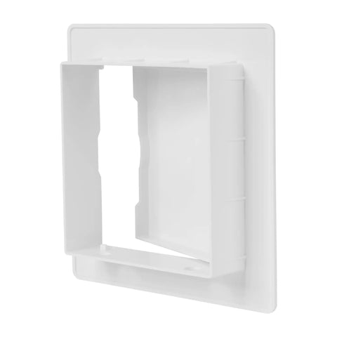 White Abs Plastic Access Panel For Drywall And Ceiling With Hinged Door Rustproof Wall Hole Cover Plate For Plumbing And Electrical Utility No Sweat Install Rock Solid Build Fits Four By Four Cutout Perfect Straight Up Reliable Works Like A Charm Daily angled view showing the inner depth and hinge mechanism.