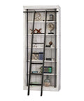 Heavy Duty 8 Ft Tall Wood Bookcase With Distressed White Oak Finish And Slick Industrial Steel Frame Comes With Built In Ladder Adjustable Shelves showcasing five shelves and a ladder.