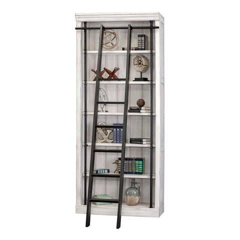 Heavy Duty 8 Ft Tall Wood Bookcase With Distressed White Oak Finish And Slick Industrial Steel Frame Comes With Built In Ladder Adjustable Shelves showcasing five shelves and a ladder.